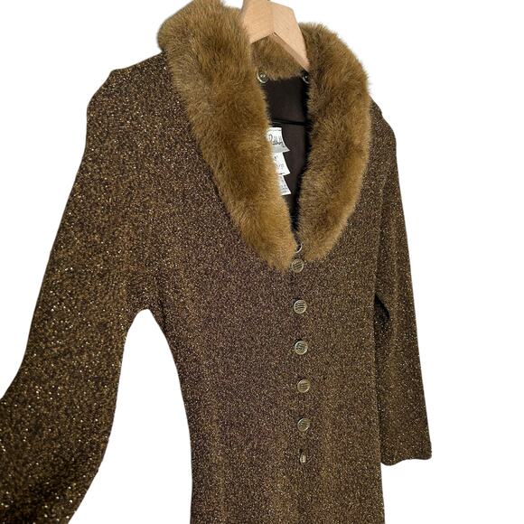 Joseph Ribkoff Bronze Metallic Knit Faix Fur Collar Cardigan Sweater Womens 8 - Picture 4 of 7
